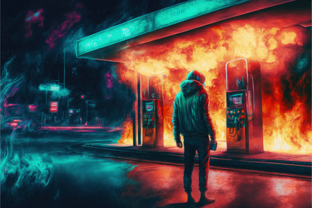 A man burning a gas station at night, under the dim light of the streetlamps, with cars parked in the background. Fantasy concept, Illustration painting. Generative AIの素材