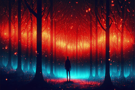 Male observing luminous modern illumination within a magical crimson woods. Fantasy concept, Illustration painting. Generative AIの素材