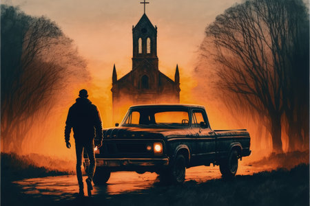 A guy and his vehicle parked by ancient chapel in woods at dusk. Fantasy concept, Illustration painting. Generative AIの素材