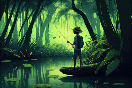 A young lad angling in the marshes of a tropical jungle while being surrounded by luminous butterflies. Fantasy concept, Illustration painting. Generative AIの素材