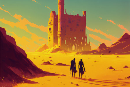 A team hiking through a dry terrain towards a mysterious structure. Fantasy concept, Illustration painting. Generative AIの素材
