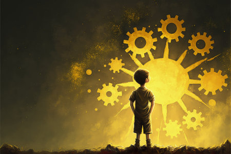 Young male observing damaged wheels made of gold. Fantasy concept, Illustration painting. Generative AIの素材