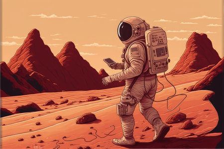 Space explorer with a technological gadget advancing towards the colossal creature on the horizon. Fantasy concept, Illustration painting. Generative AIの素材