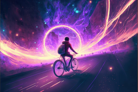 A man wearing elegant attire is cycling with radiant wheels in the cosmos. Fantasy concept, Illustration painting. Generative AIの素材