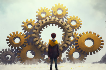 Young male observing damaged wheels made of gold. Fantasy concept, Illustration painting. Generative AIの素材