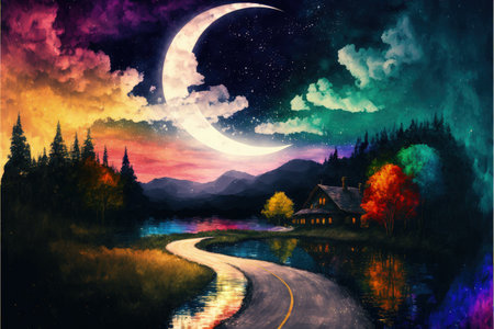 Stunning view of waterway in a vibrant rural setting with ominous dark clouds and crescent moon overhead. Fantasy concept, Illustration painting. Generative AIの素材