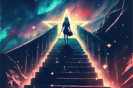 A youthful lady stands on mystical steps, yearning for a tiny celestial body above. Fantasy concept, Illustration painting. Generative AIの素材