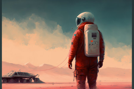 Space explorer with a technological gadget advancing towards the colossal creature on the horizon. Fantasy concept, Illustration painting. Generative AIの素材