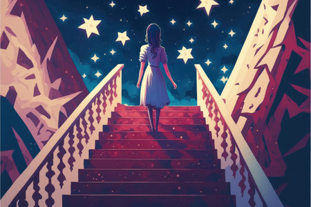 A young woman stands on ethereal steps, gazing longingly at a small celestial object in the distance. Fantasy concept, Illustration painting. Generative AIの素材