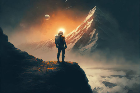 An astronaut surveys a vast, acidic expansion from atop a towering rock in a sci-fi landscape. Fantasy concept, Illustration painting. Generative AIの素材