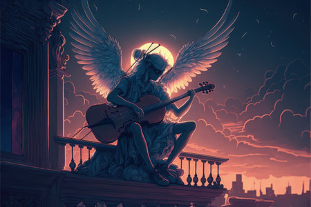 A celestial musician on a rooftop playing the cello amidst a cityscape under a stunning solar eclipse. Fantasy concept, Illustration painting. Generative AIの素材