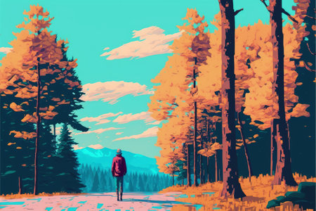 A man strolling through a gorgeous forest. Fantasy concept, Illustration painting. Generative AIの素材