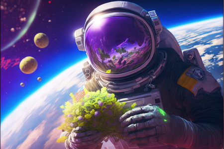 The astronaut explores alien life on a distant planet, with strange creatures and plants. Fantasy concept, Illustration painting. Generative AIの素材