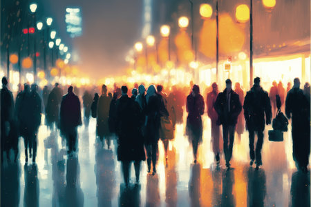 A digital artwork depicting a nocturnal cityscape, with people strolling along the streets illuminated by vibrant and colorful lights. Fantasy concept, Illustration painting. Generative AIの素材
