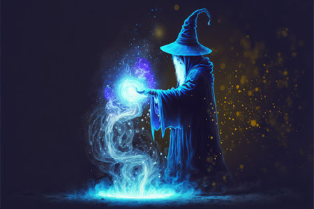 A warrior with magical abilities conjuring a spell with a brilliant blue light illuminating the ground. Fantasy concept, Illustration painting. Generative AIの素材