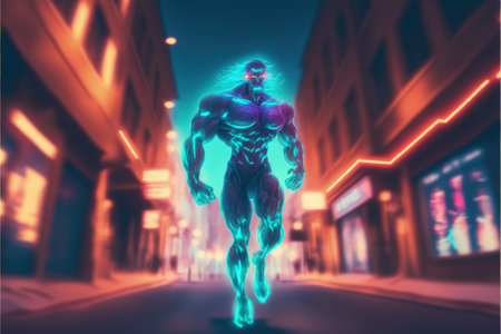 In the sci-fi world, a strange beast sprints down a dark alleyway, trying to evade the dazzling blue particles that seem to pursue it relentlessly. fantasy concept illustration painting. Generative AIの素材