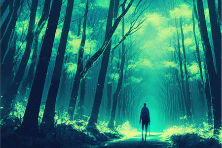 A man strolling through a gorgeous forest. Fantasy concept, Illustration painting. Generative AIの素材