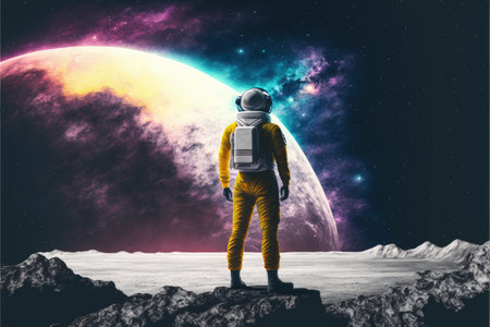 An astronaut surveys a vast, acidic expansion from atop a towering rock in a sci-fi landscape. Fantasy concept, Illustration painting. Generative AIの素材