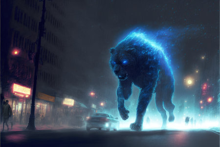 In the sci-fi world, a strange beast sprints down a dark alleyway, trying to evade the dazzling blue particles that seem to pursue it relentlessly. fantasy concept illustration painting. Generative AIの素材