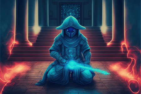 A warrior with magical abilities conjuring a spell with a brilliant blue light illuminating the ground. Fantasy concept, Illustration painting. Generative AIの素材