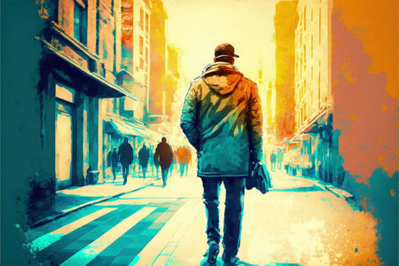 Male pedestrian strolling through urban street adorned with nonrepresentational artwork. Fantasy concept, Illustration painting. Generative AIの素材