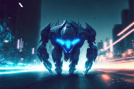 In the sci-fi world, a strange beast sprints down a dark alleyway, trying to evade the dazzling blue particles that seem to pursue it relentlessly. fantasy concept illustration painting. Generative AIの素材