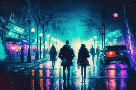 A digital artwork depicting a nocturnal cityscape, with people strolling along the streets illuminated by vibrant and colorful lights. Fantasy concept, Illustration painting. Generative AIの素材