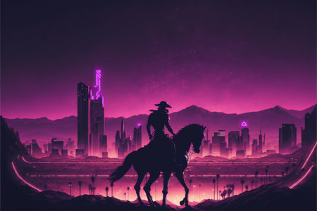 A horseback rider's silhouette against a futuristic desert city. Fantasy concept, Illustration painting. Generative AIの素材