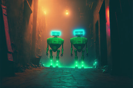 Two robots walk through a narrow alley illuminated by neon green lights. Fantasy concept, Illustration painting. Generative AIの素材