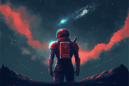 Astronaut wearing a red jet pack stands in front of a starry sky. Fantasy concept, Illustration painting. Generative AIの素材