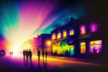 A digital artwork depicting a nocturnal cityscape, with people strolling along the streets illuminated by vibrant and colorful lights. Fantasy concept, Illustration painting. Generative AIの素材