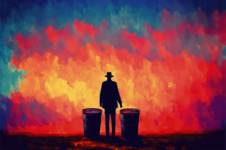 A man holding paint and brushes stands before a colorful cloud. Fantasy concept, Illustration painting. Generative AIの素材