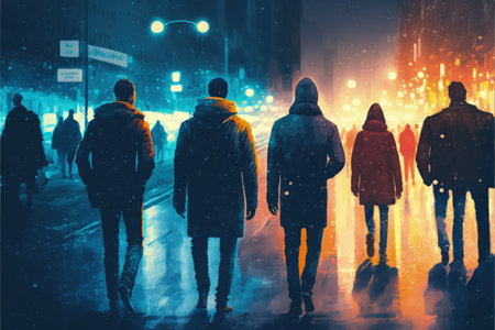 A digital artwork depicting a nocturnal cityscape, with people strolling along the streets illuminated by vibrant and colorful lights. Fantasy concept, Illustration painting. Generative AIの素材