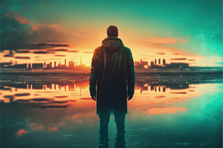 A man standing in an abstract city, watching the sunset with a green sky. Fantasy concept, Illustration painting. Generative AIの素材