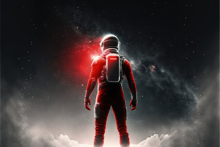 Astronaut wearing a red jet pack stands in front of a starry sky. Fantasy concept, Illustration painting. Generative AIの素材