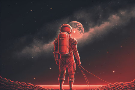 Astronaut wearing a red jet pack stands in front of a starry sky. Fantasy concept, Illustration painting. Generative AIの素材