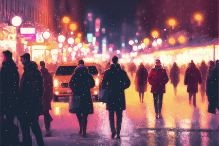 A digital artwork depicting a nocturnal cityscape, with people strolling along the streets illuminated by vibrant and colorful lights. Fantasy concept, Illustration painting. Generative AIの素材