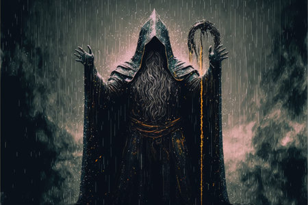 A black-clad wizard stands out from the crowd, raising their arms in the pouring rain. Fantasy concept, Illustration painting. Generative AIの素材