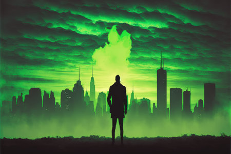 A man standing in an abstract city, watching the sunset with a green sky. Fantasy concept, Illustration painting. Generative AIの素材