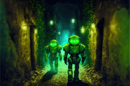 Two robots walk through a narrow alley illuminated by neon green lights. Fantasy concept, Illustration painting. Generative AIの素材