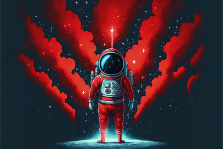 Astronaut wearing a red jet pack stands in front of a starry sky. Fantasy concept, Illustration painting. Generative AIの素材