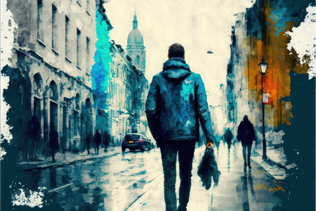 Male pedestrian strolling through urban street adorned with nonrepresentational artwork. Fantasy concept, Illustration painting. Generative AIの素材