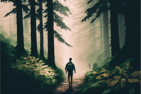 A man strolling through a gorgeous forest. Fantasy concept, Illustration painting. Generative AIの素材