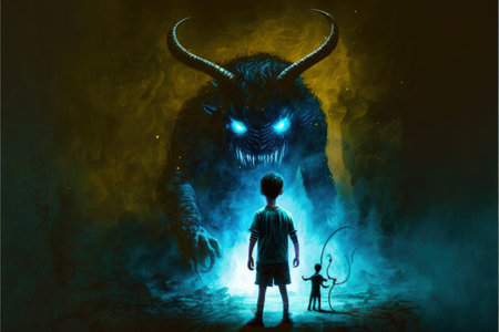A dimly lit fantasy scene where a young boy confronts smoke creatures with demonic horns while holding a torch. Fantasy concept, Illustration painting. Generative AIの素材