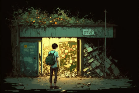 A man gazing at a dilapidated house surrounded by debris under the night sky. Fantasy concept, Illustration painting. Generative AIの素材