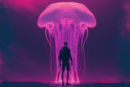 Man levitating with a giant bioluminescent jellyfish in a luminous atmosphere. Fantasy concept, Illustration painting. Generative AIの素材