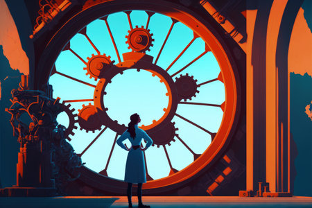 A young woman standing in front of large mechanical gears and cogs. Fantasy concept, Illustration painting. Generative AIの素材