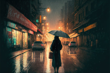 Lonely woman standing with an umbrella on a rainy night in an abandoned city. Fantasy concept, Illustration painting. Generative AIの素材
