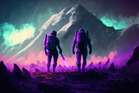 Astronauts exploring abandoned alien spaceship on a distant planet, in a sci-fi concept. Fantasy concept, Illustration painting. Generative AIの素材