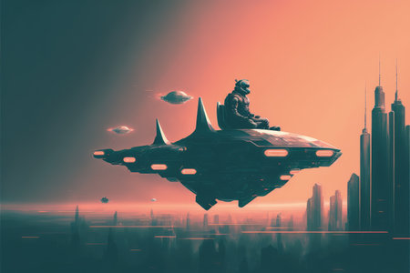 The man on a hovering craft glides through a futuristic metropolis in a sci-fi scene. Fantasy concept, Illustration painting. Generative AIの素材